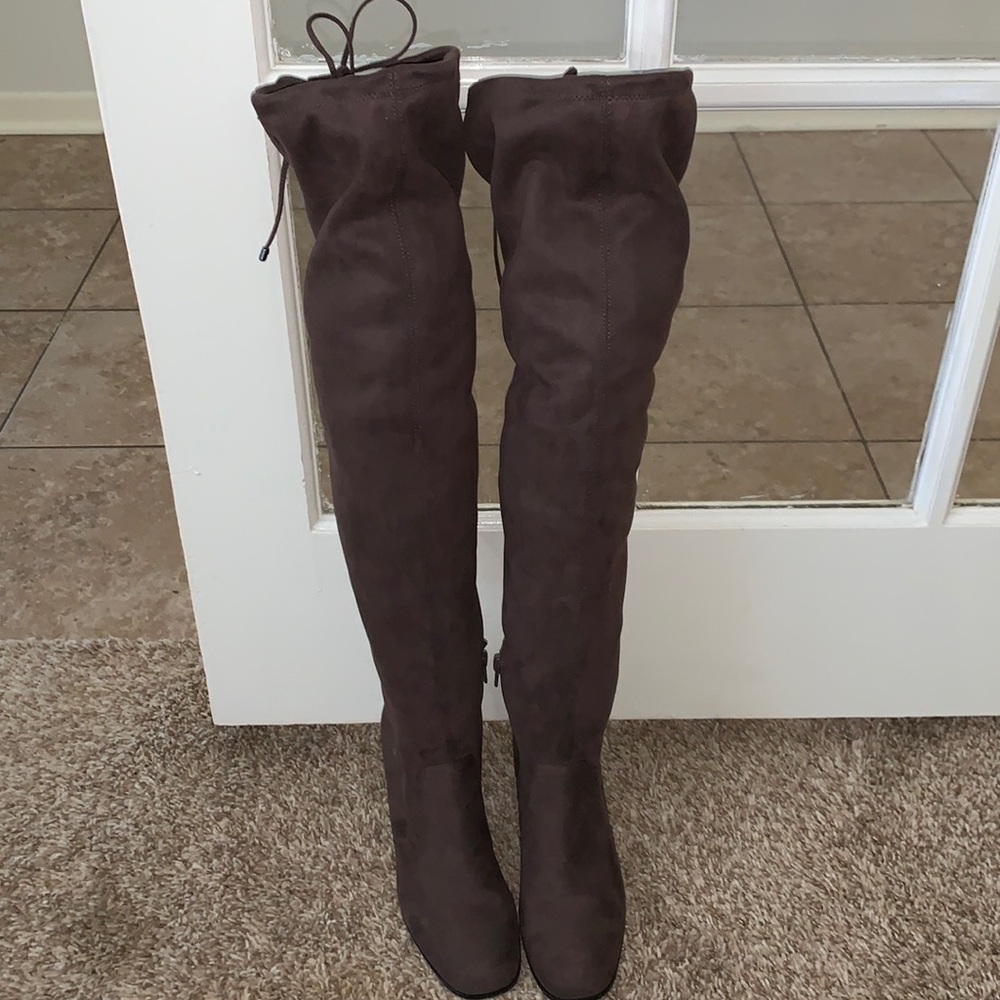 Thigh high suede taupe boots